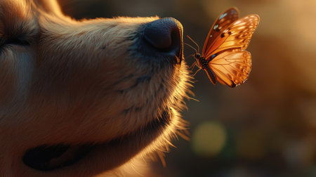 A tender close-up of a butterfly on a golden dog's nose, highlighting the beauty of their unique connection.の素材