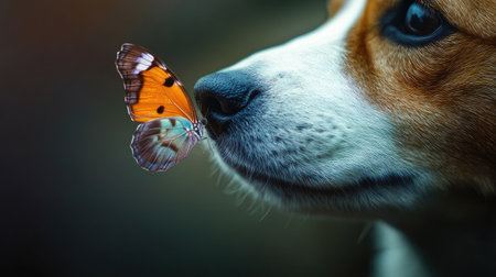 A vibrant butterfly gently resting on a dog's nose, capturing a heartwarming and natural moment of connection.の素材