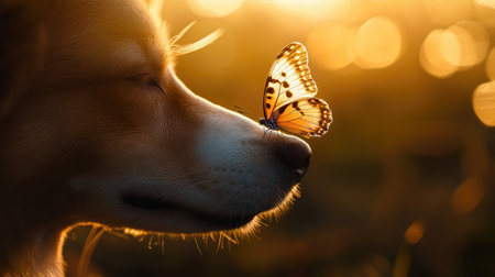 A delicate butterfly on the nose of a relaxed dog, framed by soft natural lighting and a blurred backdrop.の素材