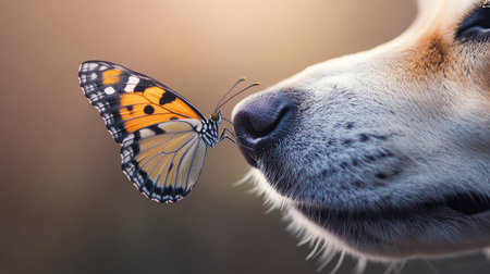 A soft, pastel-colored butterfly resting on a dog wet nose, exuding calmness and natural beauty.の素材