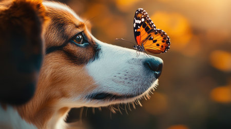A colorful butterfly delicately balancing on a dog's wet nose, radiating warmth and innocence.の素材