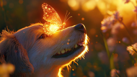 A butterfly with glowing wings sitting on the nose of a smiling dog, creating a joyful and natural moment.の素材