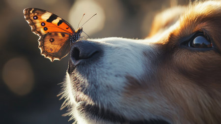 Close-up of a butterfly perched on a curious dog's nose, with soft natural light enhancing the friendly scene.の素材