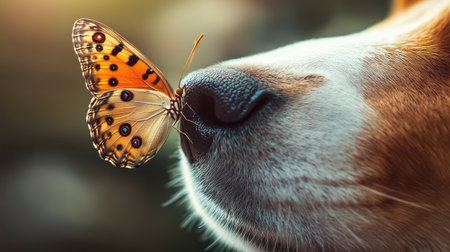 A butterfly on the tip of a dog's nose, with its whiskers and fur adding texture to the peaceful scene.の素材