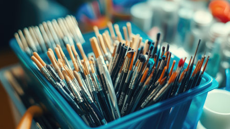 Collection of dental burs in a container ready for procedures.の素材