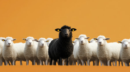 A black sheep graphic leading a group of white sheep, representing diversity and pioneering individuality.の素材