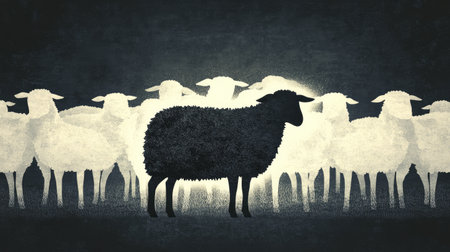 A glowing black sheep graphic among faded white sheep silhouettes, emphasizing the strength of diversity.の素材