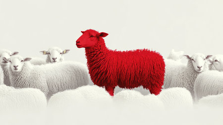 A striking red sheep silhouette centered in a cluster of white sheep, symbolizing boldness in diversity.の素材