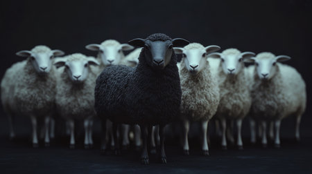 A bold black sheep graphic standing amidst a group of white sheep, symbolizing individuality and diversity.の素材