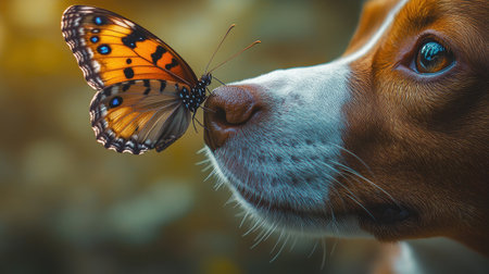 A vibrant butterfly resting on a brown dog's nose, capturing the gentle harmony of nature and companionship.の素材