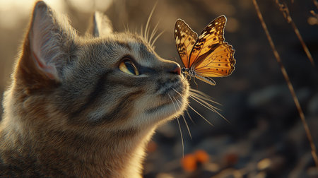 Close-up of a cat with a butterfly on its nose, its whiskers framing the delicate interaction beautifully.の素材