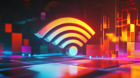 A distorted Wi-Fi signal icon on a tech display, symbolizing diversity in connectivity.の素材