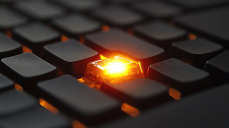 A defective keyboard key glowing faintly on an otherwise perfect keyboard, symbolizing diversity in function.の素材