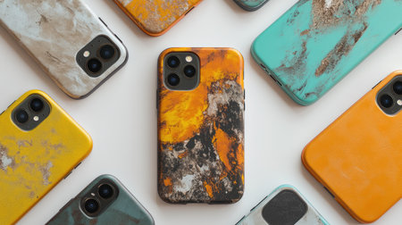 A phone case with a unique, worn design among identical cases, emphasizing individuality and diversity.の素材