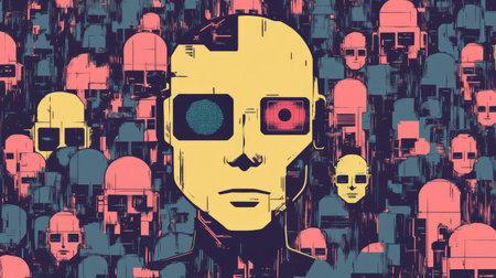 A glitchy robot face with one pixelated eye among flawless androids, representing technological diversity.の素材