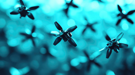 A drone with mismatched propellers flying among identical ones, symbolizing diversity in performance.の素材