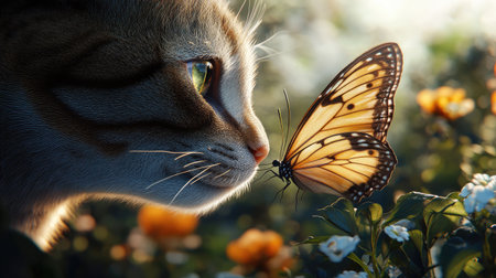 A graceful butterfly sitting on a cat's whiskered nose, creating a peaceful and heartwarming scene.の素材