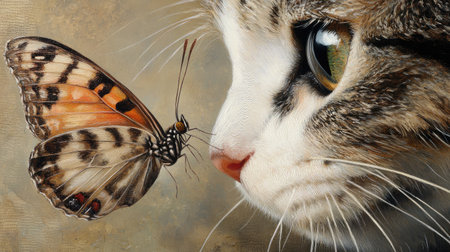 A serene butterfly perched on a fluffy cat's nose, creating a captivating and natural close-up.の素材
