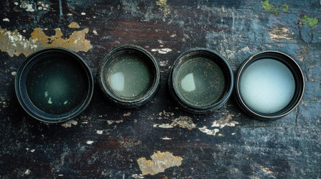 A scratched camera lens among pristine ones, representing diversity in capturing perspectives.の素材