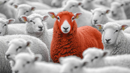 A red sheep graphic with bold outlines, surrounded by identical white sheep. Represents courage to stand out.の素材