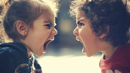 A pair of siblings face-to-face in a tense argument, with raised voices and exaggerated hand gestures captured close-upの素材