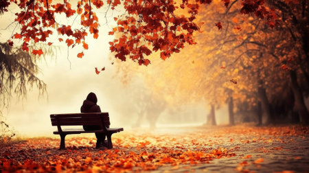 A person sitting alone on a park bench, looking down with a sorrowful expression, surrounded by autumn leaves, symbolizing griefの素材