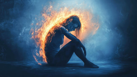 A stressed individual sitting on the floor, back against the wall, surrounded by dim lighting to depict a heavy emotional stateの素材