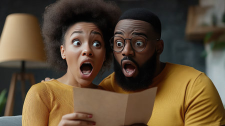 A couple looking at a letter or document together, their expressions revealing shared shock and disbeliefの素材