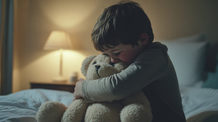 A child sitting on a bed, hugging a stuffed toy tightly, with tears in their eyes, expressing the grief of loss in innocenceの素材