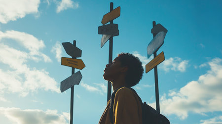 A person standing at a crossroads, looking up at multiple signposts with a thoughtful expression, symbolizing decision-makingの素材