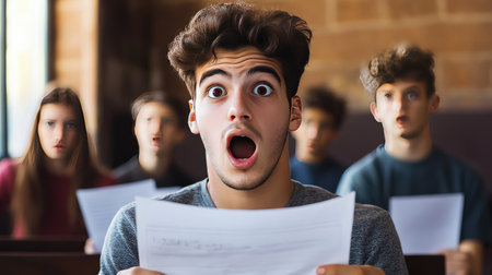 A student holding their test paper, mouth agape and eyes wide, expressing shock at the results in a classroom settingの素材