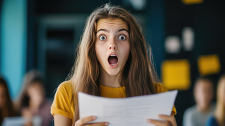 A student holding their test paper, mouth agape and eyes wide, expressing shock at the results in a classroom settingの素材