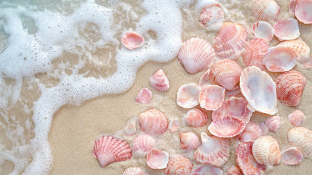 A collection of pink seashells scattered on a sandy beach, with gentle waves in the background.の素材