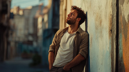 A man leaning against a wall with a worried expression, his body language showing stress and emotional overwhelmの素材