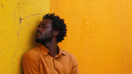 A man leaning against a wall with a worried expression, his body language showing stress and emotional overwhelmの素材