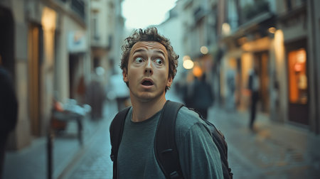 A pedestrian on a street, stopping in their tracks with a shocked expression, staring at something unexpected off-cameraの素材