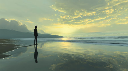 A person standing at the edge of a beach, gazing at the horizon, their posture reflecting the solitude and depth of griefの素材
