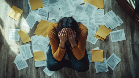 A person sitting alone with their head in their hands, surrounded by scattered papers, symbolizing stress and frustrationの素材