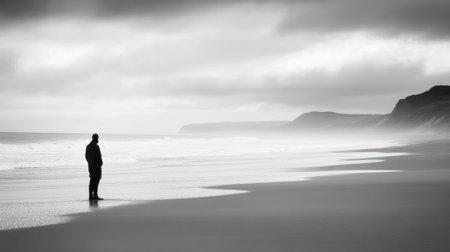 A person standing at the edge of a beach, gazing at the horizon, their posture reflecting the solitude and depth of griefの素材