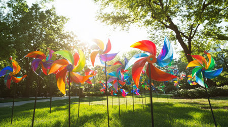 A collection of vibrant pinwheels spinning in the breeze at a sunny park.の素材
