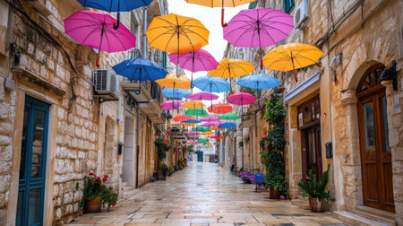 A collection of colorful umbrellas hanging above a pedestrian street, creating a canopy.の素材