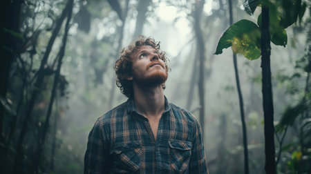 A man standing in a dense foggy forest, gazing upward with a curious and thoughtful expression, surrounded by mysteryの素材