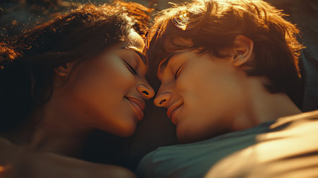 Close-up of two lovers lying side by side, their faces close, smiling softly at each other in a serene outdoor settingの素材