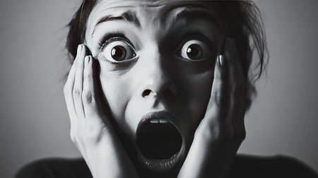 A person with wide eyes and an open mouth, covering their face with their hands in shock, isolated on a simple backgroundの素材