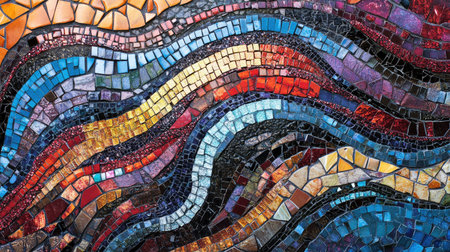 A close-up of a colorful mosaic tile pattern, with intricate designs and textures.の素材