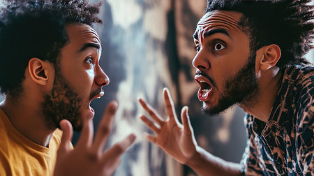 Close-up of two friends arguing, with one person furrowing their brow and the other throwing their hands up in frustrationの素材