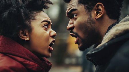 Close-up of a couple arguing, with one person shouting and the other looking defensive, tension visible on their facesの素材