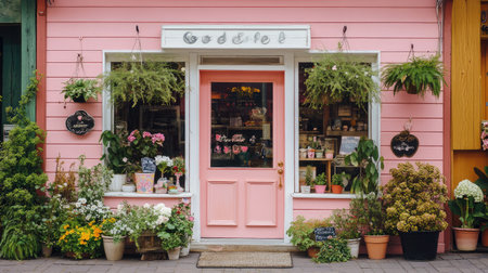 A charming pink storefront with vintage decorations and potted plants on either side.の素材