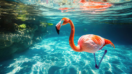 A pink flamingo float floating in a clear blue swimming pool under the sun.の素材