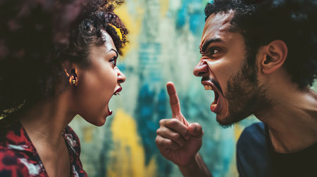 Close-up of two individuals with intense expressions, pointing fingers at each other during a heated argumentの素材